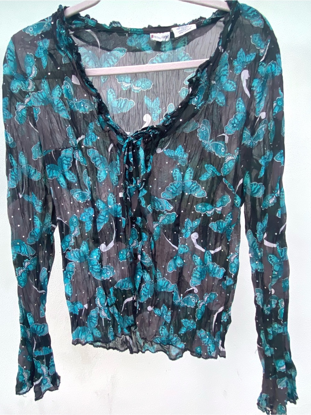 Y2K Fairy Black & Blue Butterfly Ruffle Sparkle Blouse Size Large